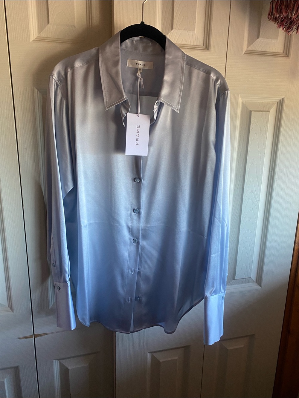 Frame The Standard Women's Stretch Silk French Cuff Button-Up Blue Blouse NWT - Picture 4 of 14